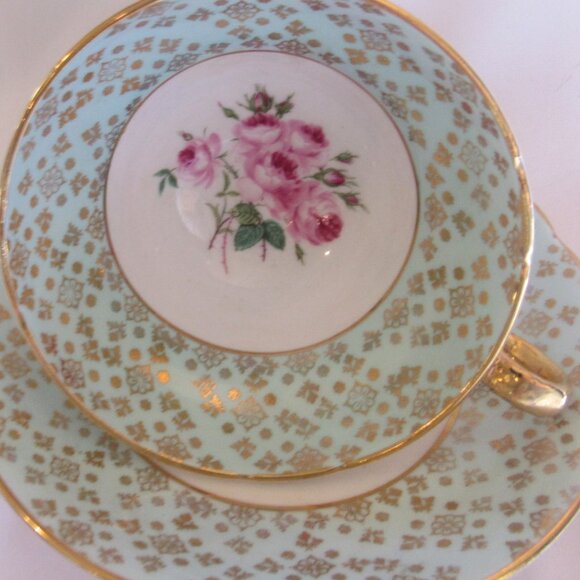 Staffordshire Tea Cup and Saucer Hand Painted Pink Roses Heavy Gold Gilt    I249 - Picture 2 of 10